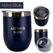 Navy blue insulated wine tumbler from 3 different angles on a white background