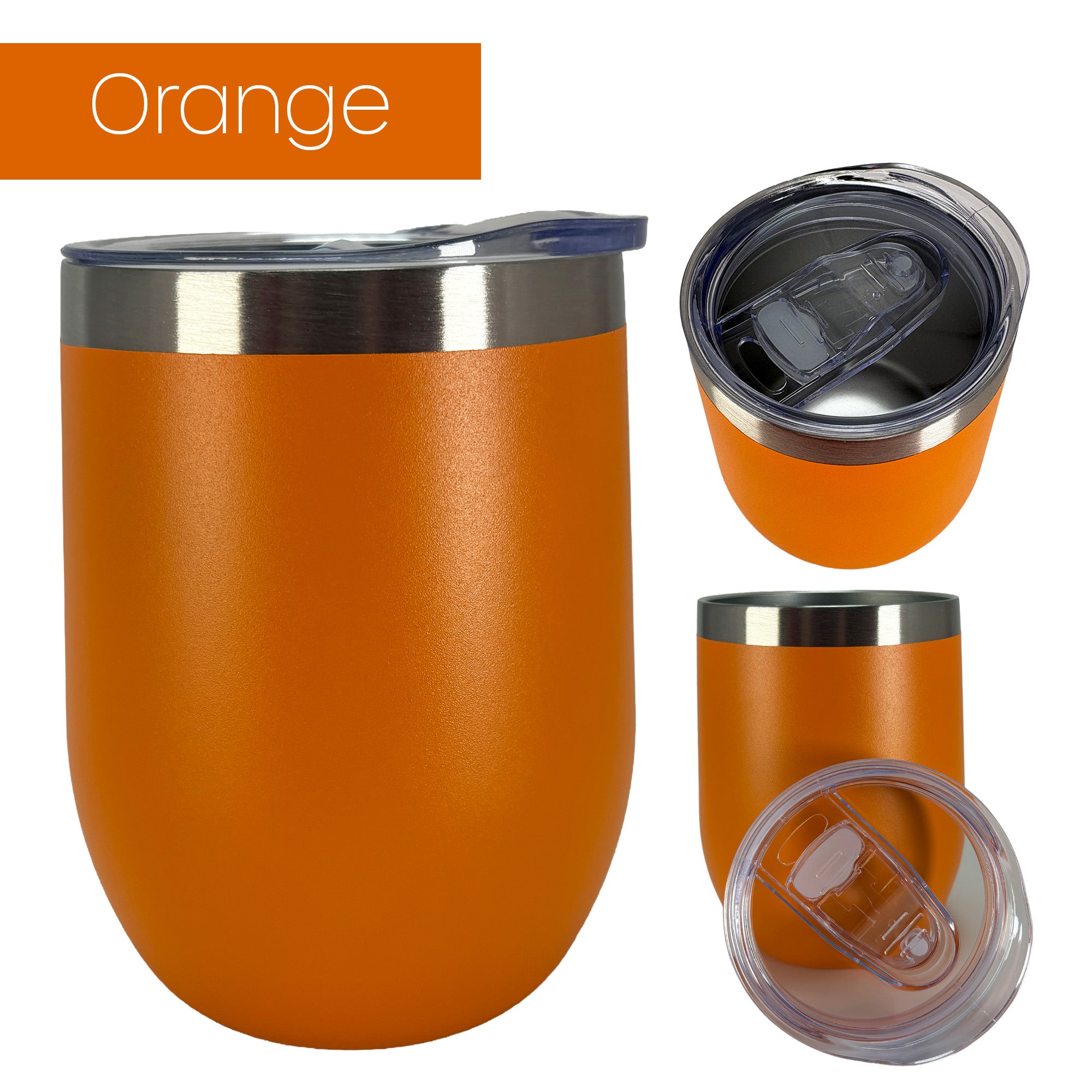 Orange insulated wine tumbler from 3 different angles on a white background