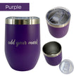 Purple insulated tumbler with silver lid and 'add your mark' text on a white background