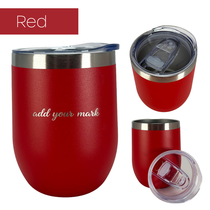 Red insulated wine tumbler from 3 different angles on a white background