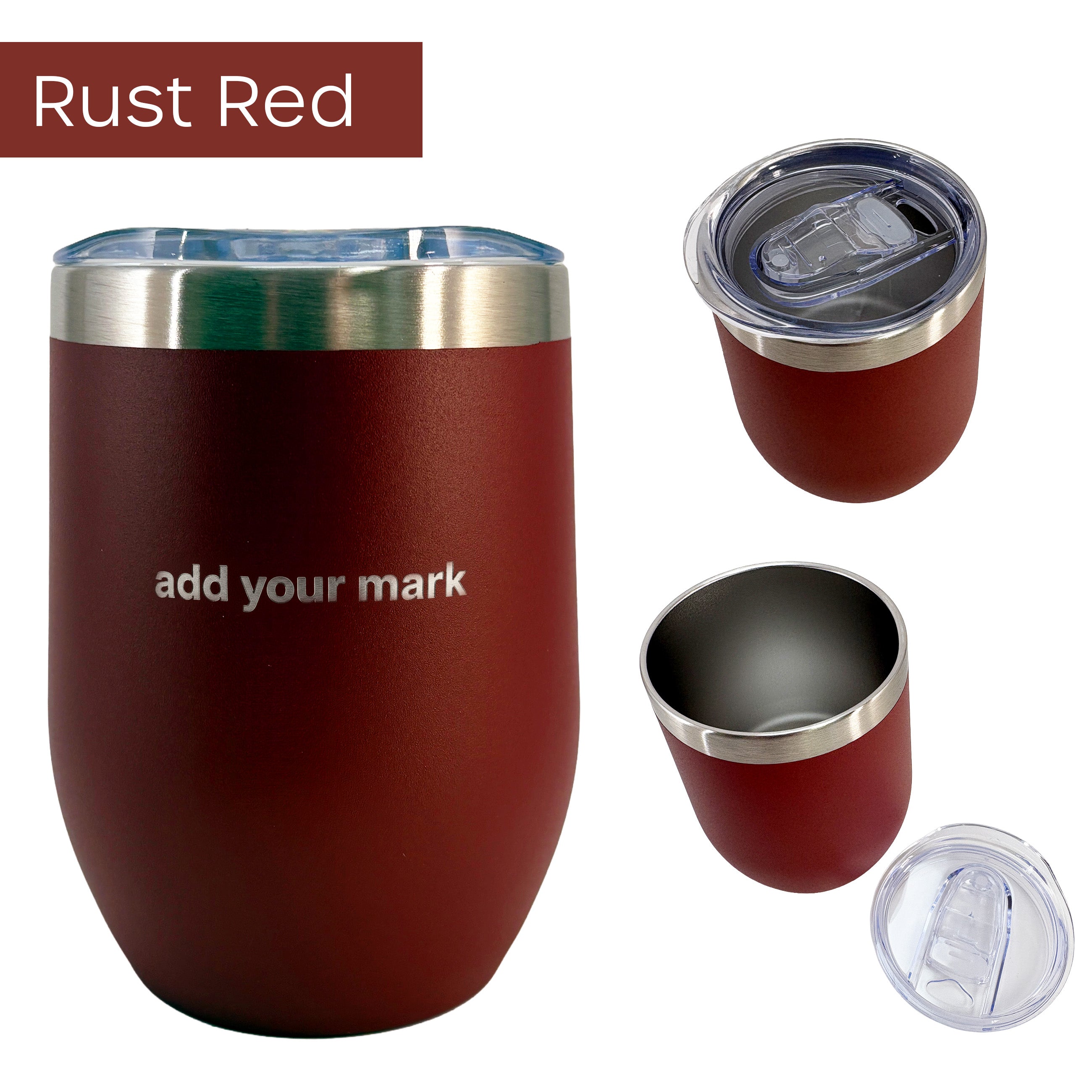 Rust red insulated wine tumbler with silver lid on a white background from 3 different angles