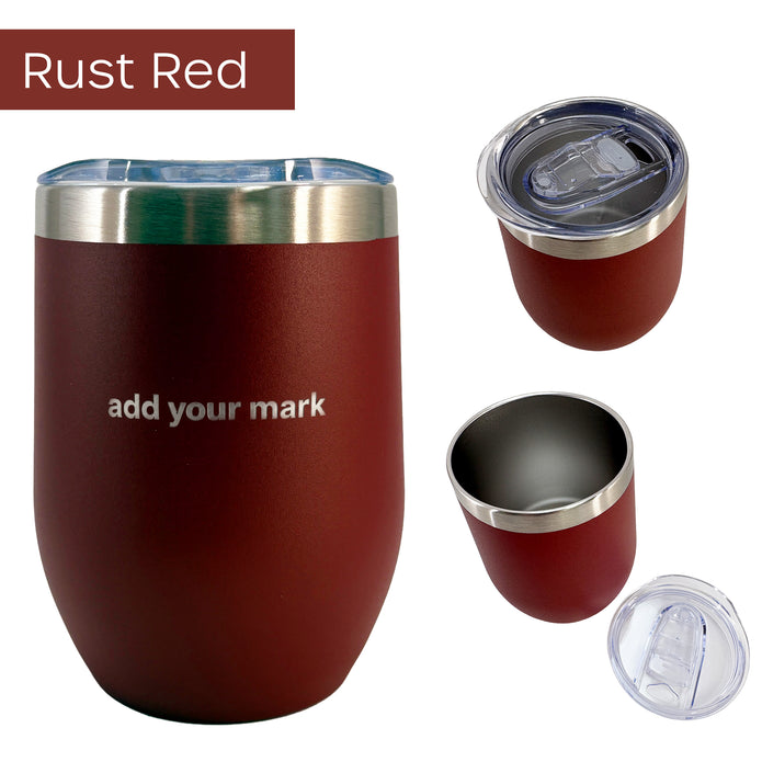 Rust red insulated wine tumbler with silver lid on a white background from 3 different angles