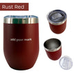 Rust red insulated wine tumbler with silver lid on a white background from 3 different angles