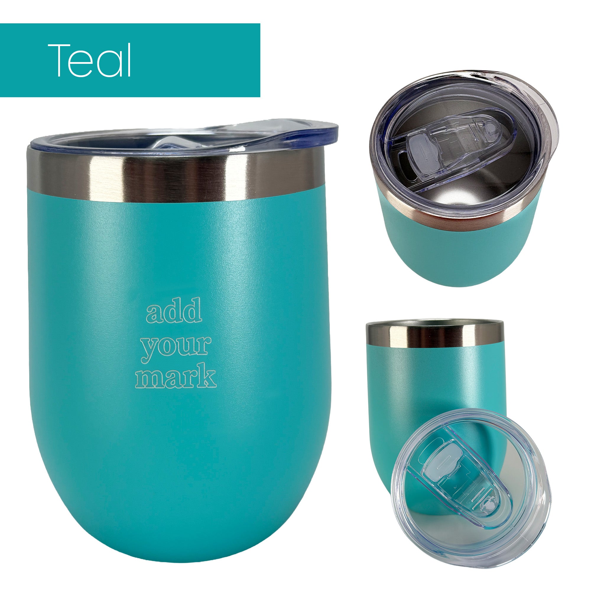 Teal insulated wine tumbler from 3 different angles on a white background