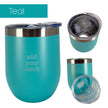 Teal insulated wine tumbler from 3 different angles on a white background