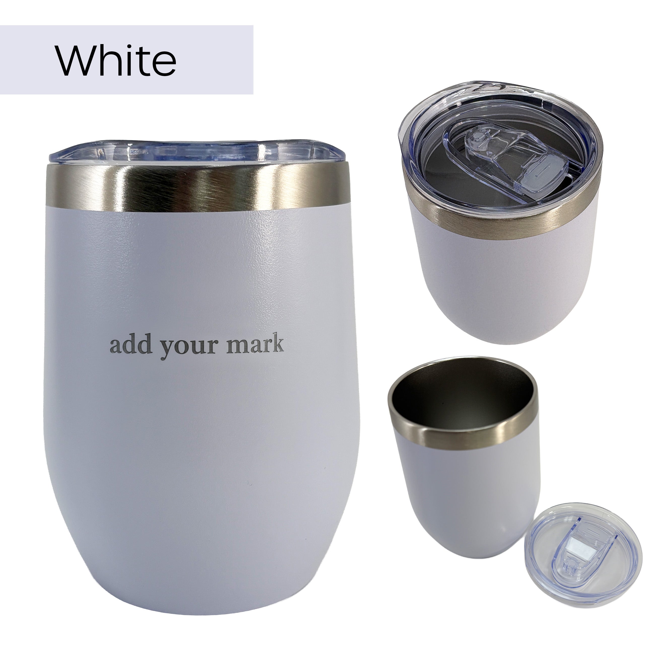 White insulated tumbler with silver lid on a white background