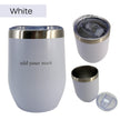 White insulated tumbler with silver lid on a white background